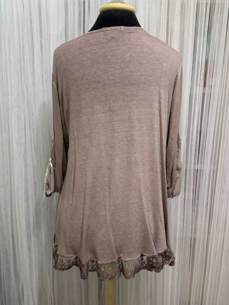 Nwt Luna Taupe Knit Lace Hem Roll Tab Sleeve Top Made In Italy Size Medium — image 3 of 8
